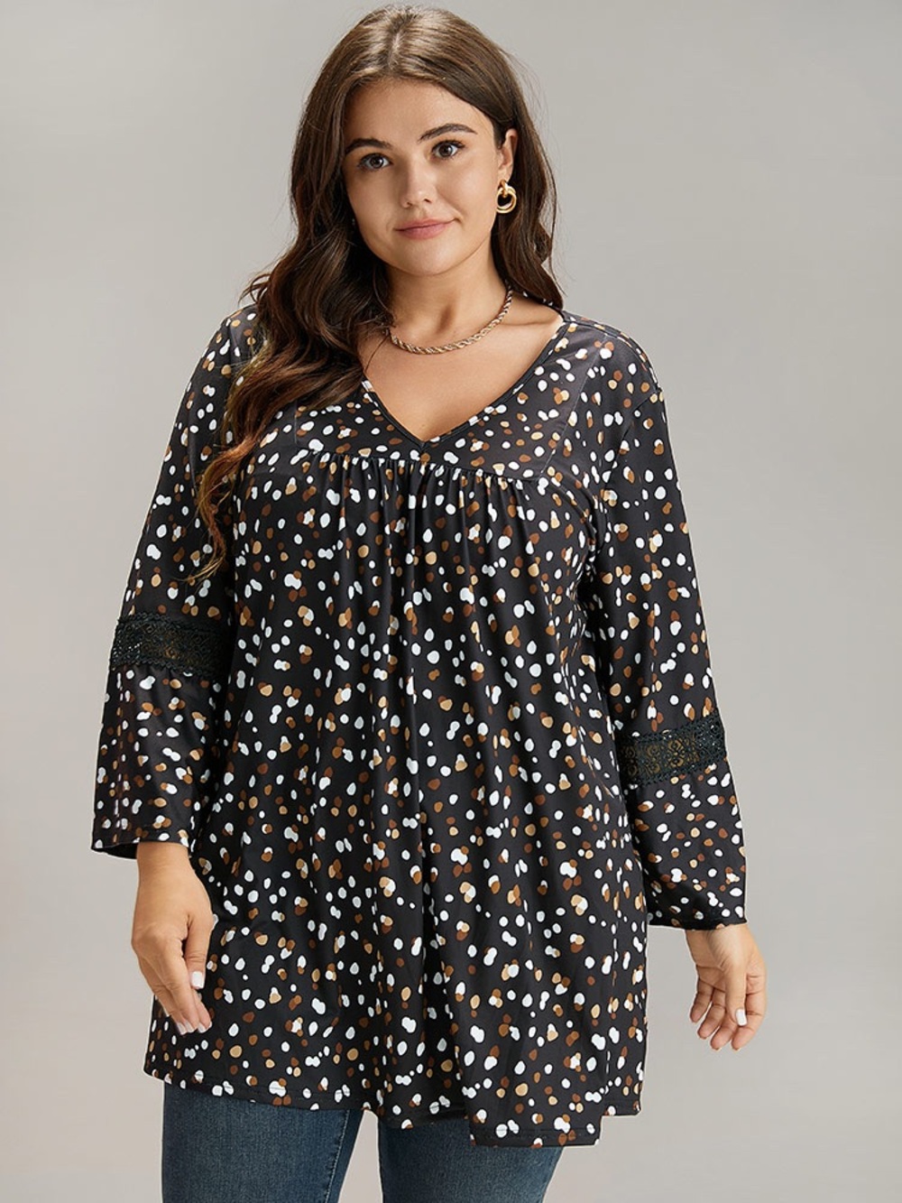Black V-Neck Polka Dot Tunic Allover Print Guipure Lace Plicated Detail 22/24 3X